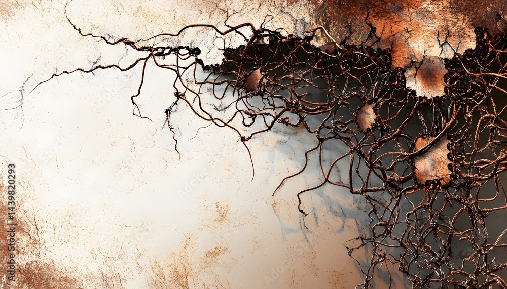 Abstract illustration depicting branching textures and cracked wall segments