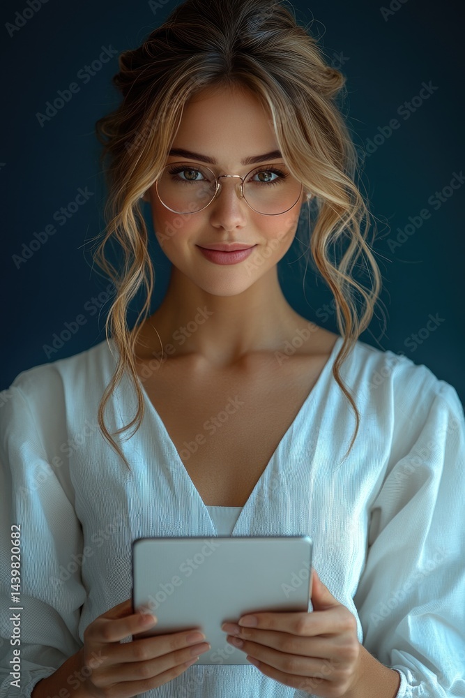 A white Portuguese female biologist with glasses smiles while holding an iPad, seated at a modern white desk against a dark blue background