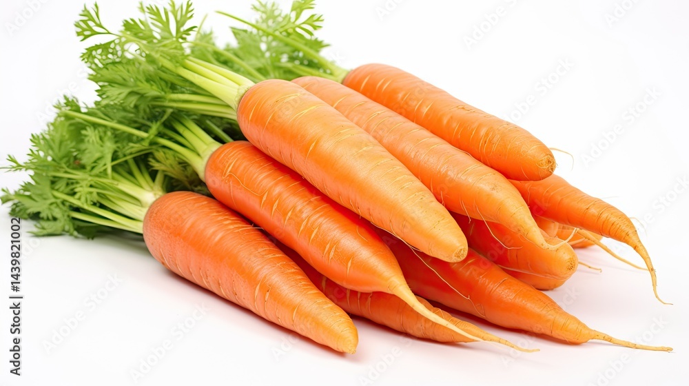 Bright orange carrots with leafy green tops are displayed together on a white surface, showcasing freshness and vibrancy for culinary inspiration