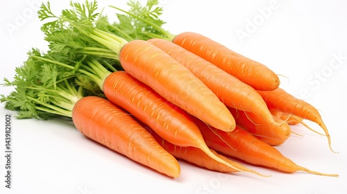 Obraz na płótnie Bright orange carrots with leafy green tops are displayed together on a white surface, showcasing freshness and vibrancy for culinary inspiration w salonie