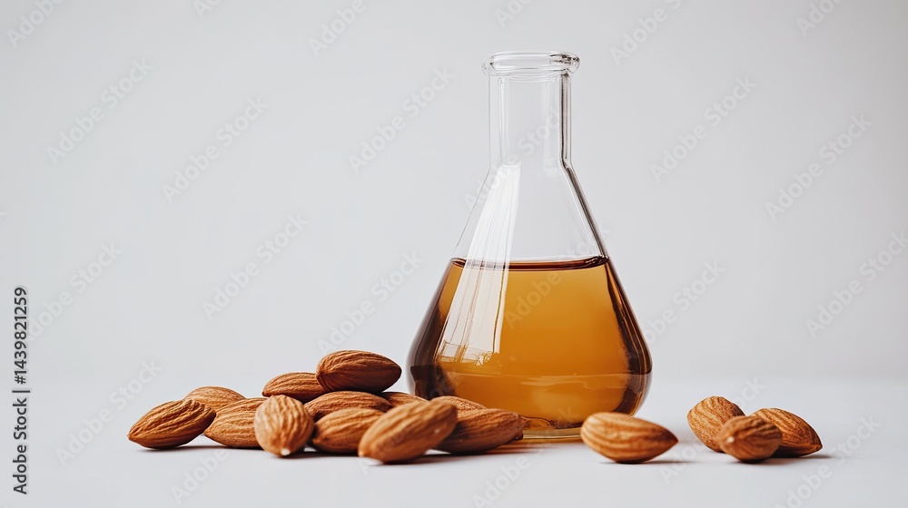 A chemical flask filled with liquid stands beside scattered almonds on a plain white background, showcasing natural ingredients in research