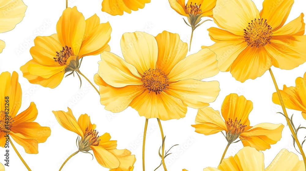 A seamless floral pattern featuring blooming Coreopsis flowers in golden yellow hues designed for luxury wedding invitations and elegant stationery cut out on isolated transparent removed background A seamless floral pattern featuring blooming Coreopsis flowers in golden yellow hues designed for luxury wedding invitations and elegant stationery cut out on isolated transparent removed background