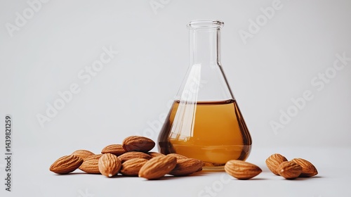 Obraz na płótnie A chemical flask filled with liquid stands beside scattered almonds on a plain white background, showcasing natural ingredients in research w salonie