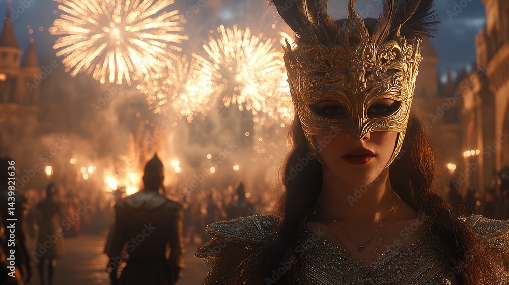 An ornate masked figure captivates the night during a festive masquerade ball filled with fireworks and elegance, celebrating under the stars