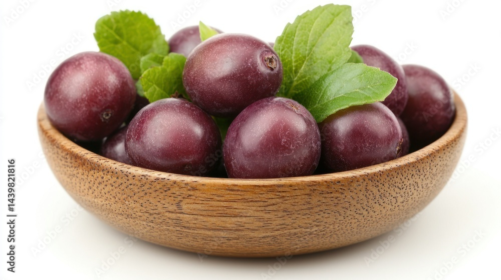 Bowl of round, purple fruit with green leaves Bowl of round, purple fruit with green leaves