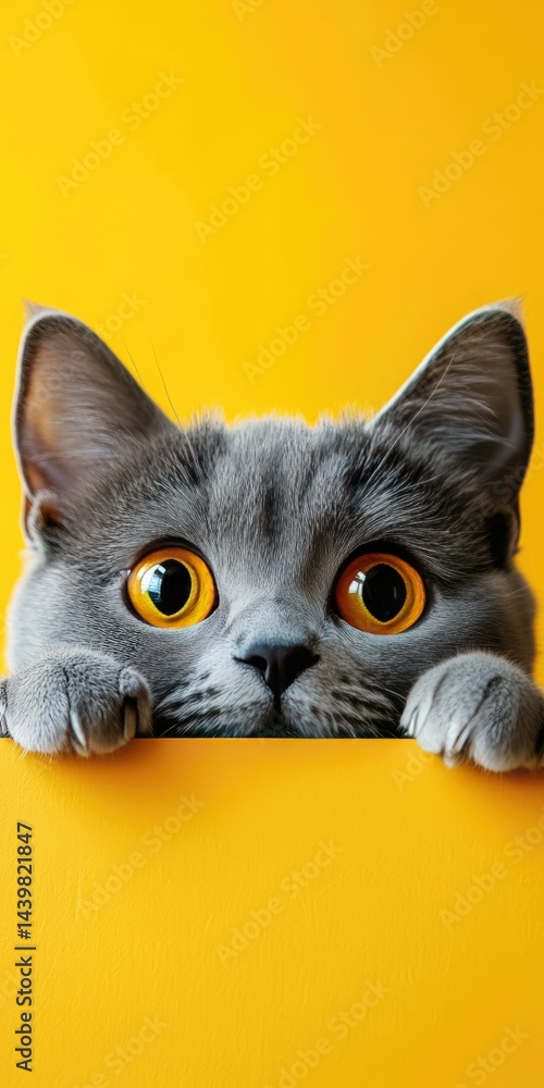 A charming British Shorthair cat with bright orange eyes is playfully peeking over a table, set against a vibrant yellow background