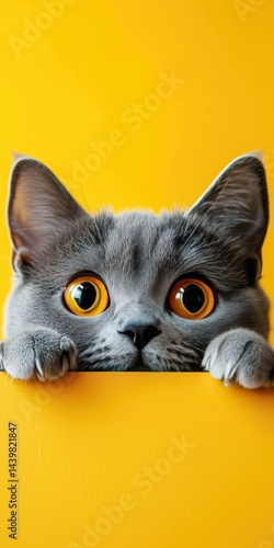 Obraz na płótnie A charming British Shorthair cat with bright orange eyes is playfully peeking over a table, set against a vibrant yellow background w salonie