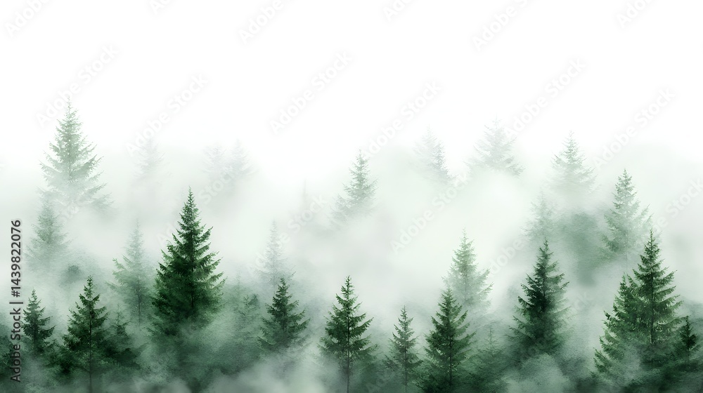 Obraz premium Misty Forest Landscape with Evergreen Trees and Tranquil Atmosphere