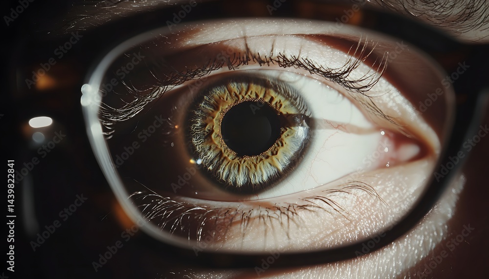 A close up photograph of a human eye and glasses