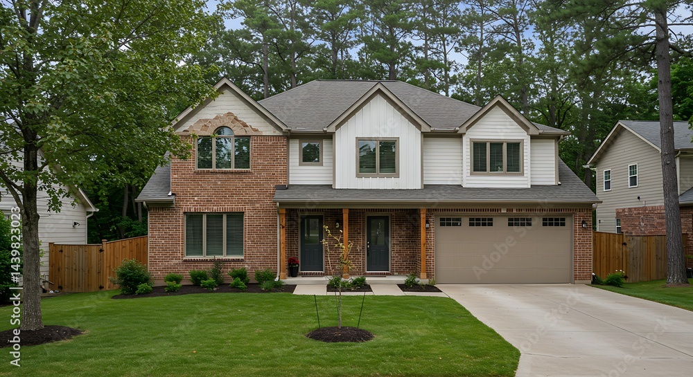 A charming two-story home features a blend of warm brick and light siding, complemented by a welcoming covered porch and a well-kept lawn. A charming two-story home features a blend of warm brick and light siding, complemented by a welcoming covered porch and a well-kept lawn.