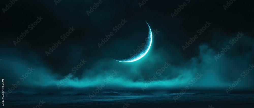 Fototapeta premium Glowing crescent moon over misty landscape
