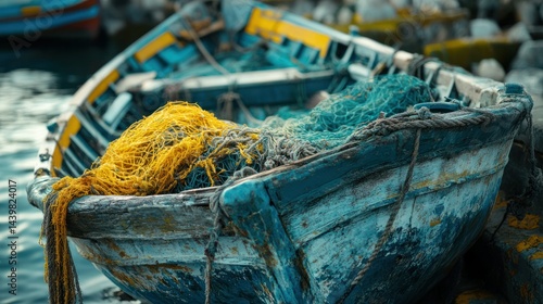 Close-up of weathered fishing boat filled with colorful tangled fishing nets and rope on dockside with water in background, detailed maritime scene