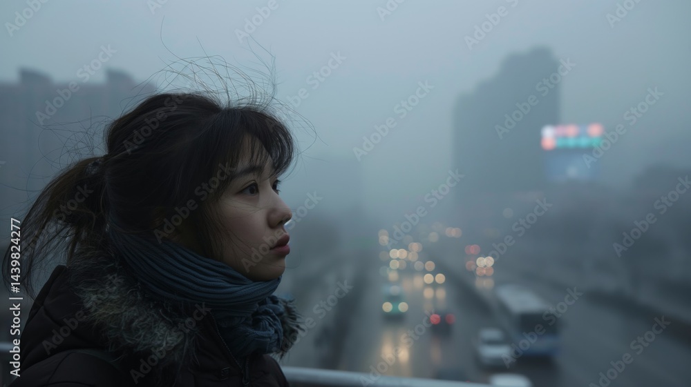 Urban skyline shrouded in smog as a woman contemplates the impact of air pollution on health