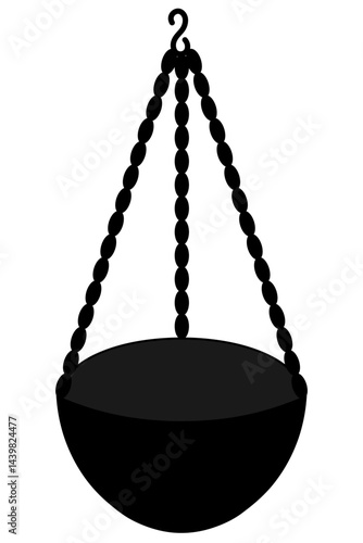 Garden flowerpot. Silhouette. Black wicker basket hangs on a chain with a hook. Vector illustration. Isolated white background. Idea for web design.