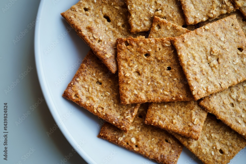Healthy Crackers Stack. Brown crackers pile topped with seeds. Wholemeal salt cracker heap. Snack plate of golden crispy cookies on a table. Multigrain flatbread. Delicious salty biscuit, hardtack Healthy Crackers Stack. Brown crackers pile topped with seeds. Wholemeal salt cracker heap. Snack plate of golden crispy cookies on a table. Multigrain flatbread. Delicious salty biscuit, hardtack