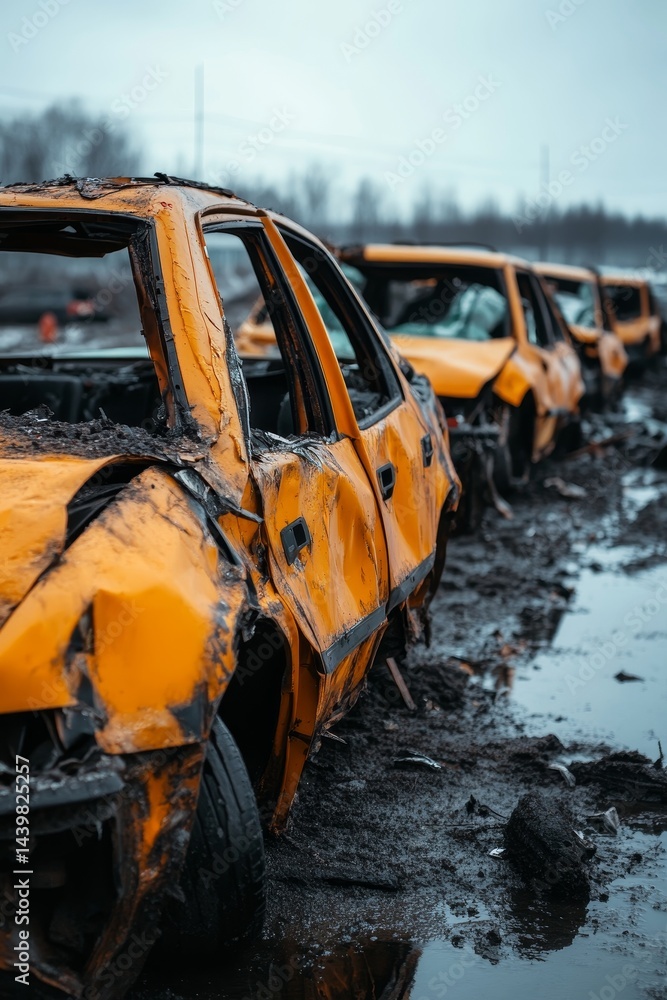 Fototapeta premium Wrecked Cars in Salvage Yard, Damaged Vehicles For Sale, Auto Parts and Recycling Concept
