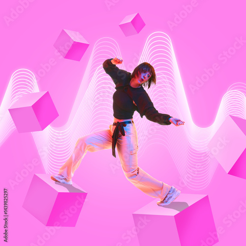 Stylish woman dancing among floating cubes in pink neon room with light waves. Contemporary art collage. Concept of dance, futurism, youth culture, creativity, surrealism. Poster