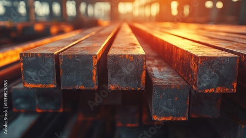 Metal bars with orange glow, stacked in a workshop