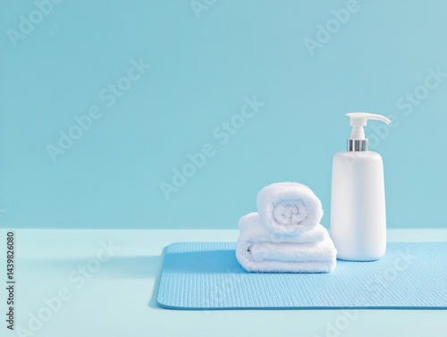 Bath towel stack with lotion bottle