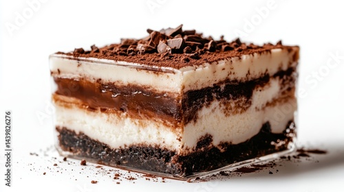 An exquisite square dessert featuring layers of chocolate and cream, presented elegantly, ideal for serving at special events or indulging on a cozy day.