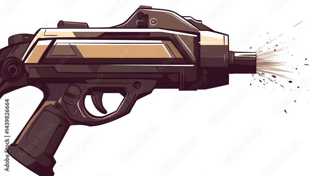 An illustrated weapon firing projectiles from a gun barrel