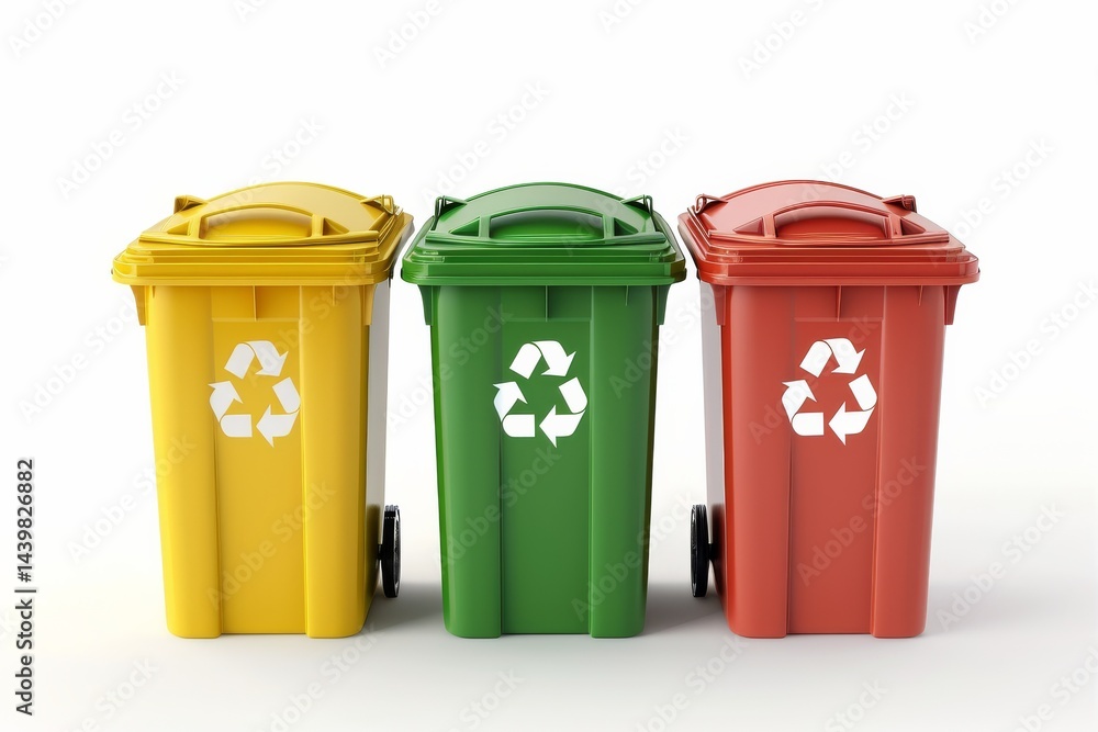 Sustainable Living with Trash and Recycling Bins Isolated On White Background Sustainable Living with Trash and Recycling Bins Isolated On White Background