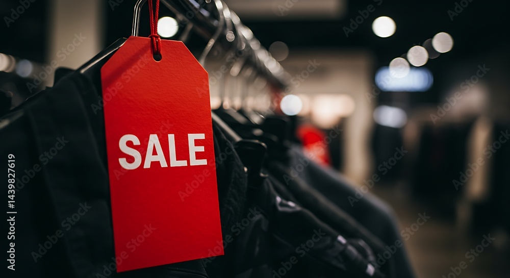 bold red sale tag hanging on a clothing rack, inviting shoppers to explore discounted apparel in a bustling store.