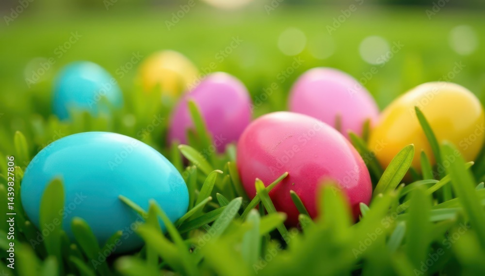 Close-up view of numerous Easter eggs nestled in green grass , natural, background Close-up view of numerous Easter eggs nestled in green grass , natural, background