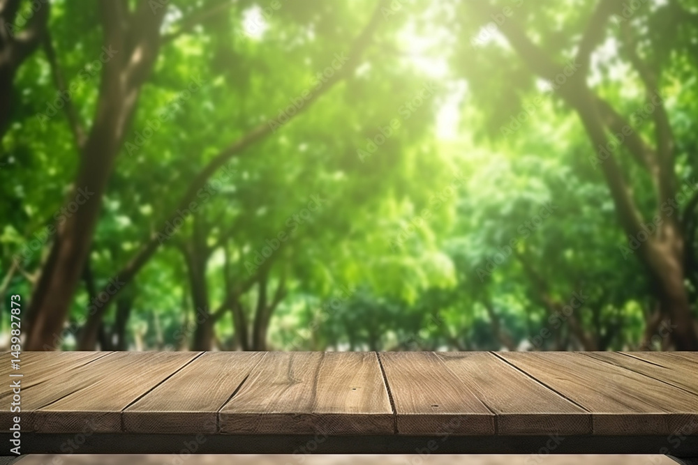 Rustic Wooden Tabletop with Lush Green Forest and Soft Sunlight in the Background. Rustic Wooden Tabletop with Lush Green Forest and Soft Sunlight in the Background.