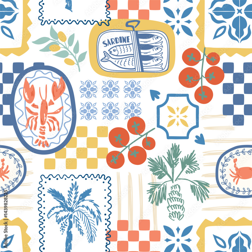 Mediterranean summer seamless pattern. Cute ceramic tile ornament, Italian coastal food, lobster sardine, checkered elements, palms. Vector colorful mosaic Portuguese wallpaper, background, textile.