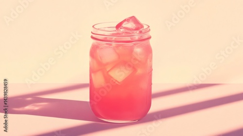 Iced peach tea in mason jar, sunlight, pink background. Summer refreshment drink
