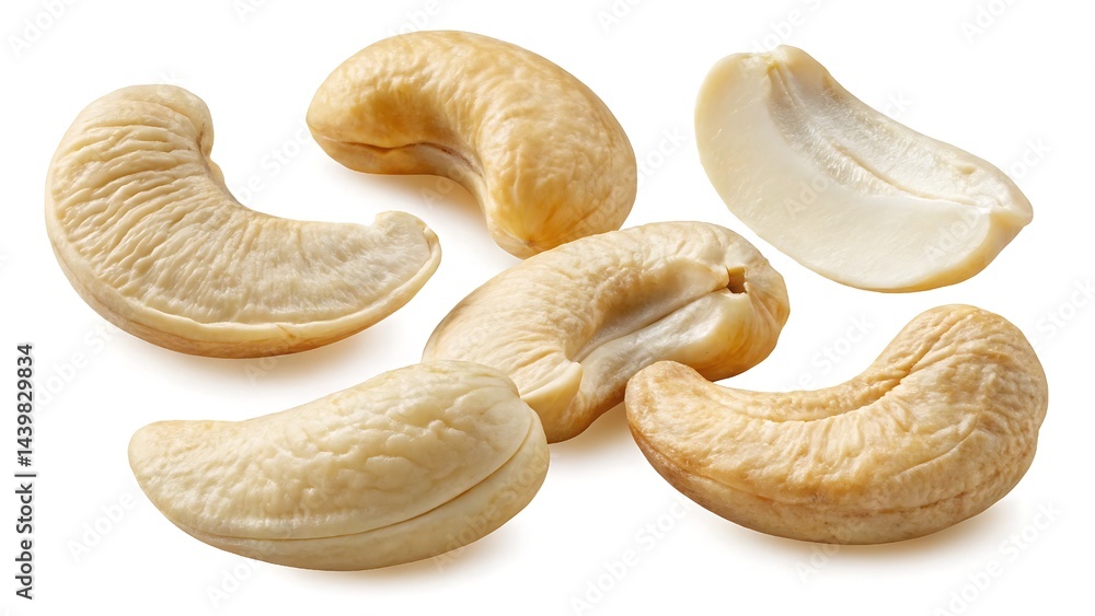 close-up shot of unprocessed cashew nuts, highlighting their smooth surfaces and earthy tones in rich detail.