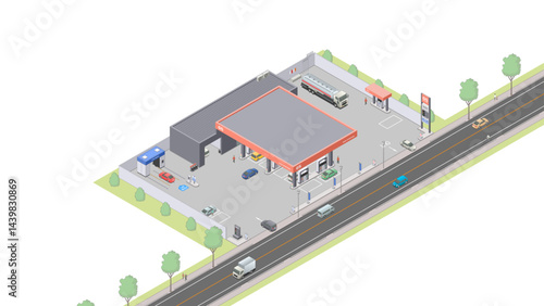 アイソメトリック図法で描いたガソリンスタンドのイメージ / Gas station. Isometric illustration