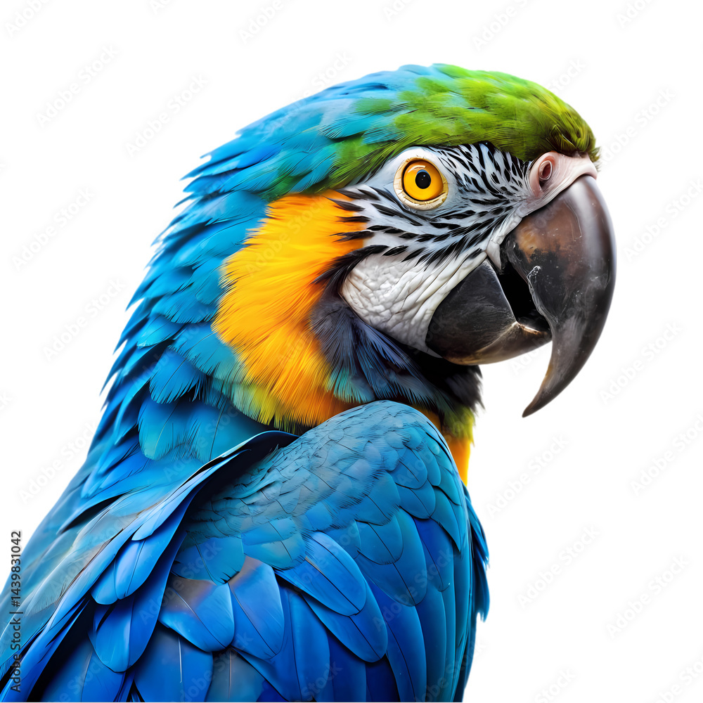 Fototapeta premium Vibrant Blue and Gold Macaw Parrot: Stunning Bird Photo on Transparent background