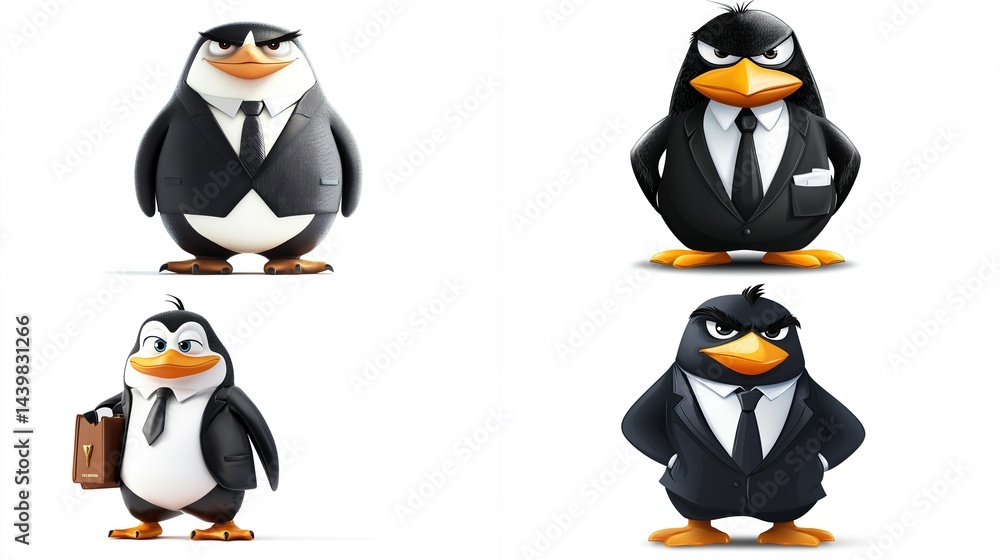 Fototapeta premium Four cartoon penguins in suits, various poses.