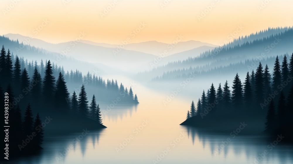 Fototapeta premium Misty Sunrise Over a Calm Lake and Rolling Hills