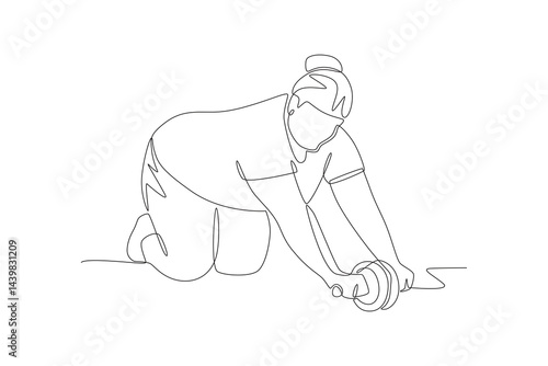 Fat woman using ab wheel. Overweight woman fitness concept one-line drawing