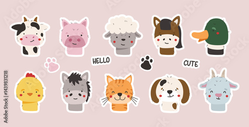 Farm animals set isolated, cute farm animals, kids cartoon collection, stickers