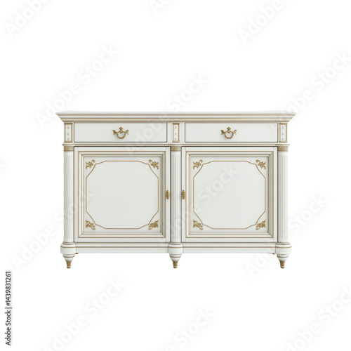 Elegant White and Gold Classic Sideboard with Ornate Details