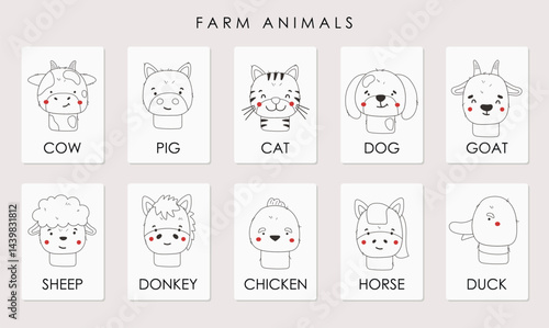 Farm outline animals set isolated, cute farm animals, kids cartoon collection, cards