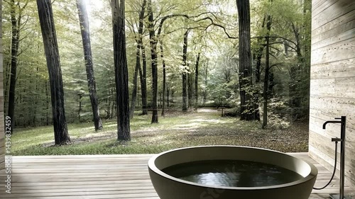 Modern outdoor bath with forest view