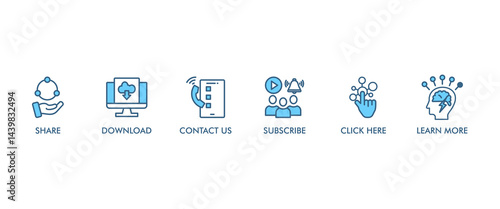 Call to action banner web icon set vector illustration concept with icon of download, share, learn more, watch our video, contact us, subscribe, and click here icons symbol easy to edit