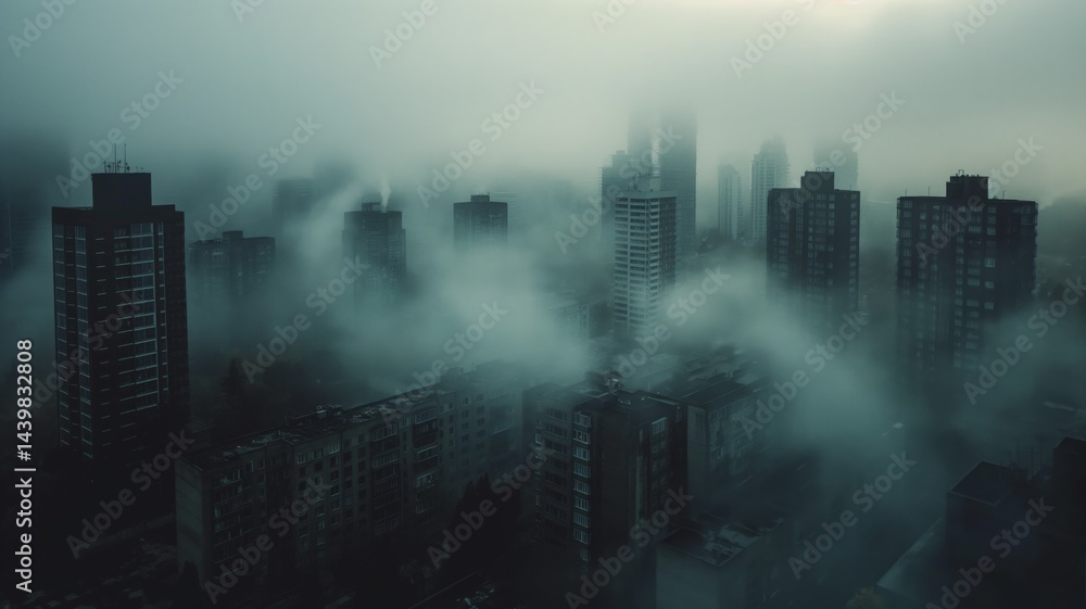 Urban skyline shrouded in thick smog highlighting air pollution crisis and health risks