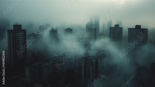 Urban skyline shrouded in thick smog highlighting air pollution crisis and health risks