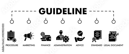Guideline banner web icon set vector illustration concept with icon of rule, procedure, legal document, standard, administration, advice, finance, marketing