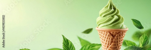 
A green ice cream cone with multiple swirls, the top of which is full of matcha and vanilla ice cream, surrounded by small flowers on its sides,