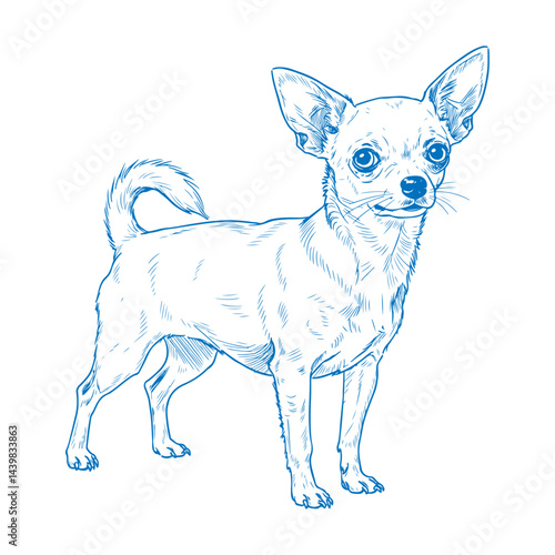 Detailed hand drawn vintage style illustration of a standing Chihuahua dog in profile view minimalist blue ink sketch cute small dog breed artwork