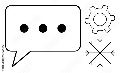 Speech bubble with three dots indicates messaging or communication, accompanied by a gear for technical concepts and a snowflake for nature or uniqueness. Ideal for messaging, technology, nature