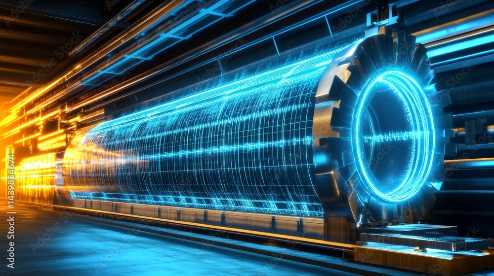 Layered hologram visualization of neutrino detection technology in a futuristic lab setting