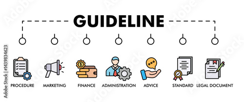 Guideline banner web icon set vector illustration concept with icon of rule, procedure, legal document, standard, administration, advice, finance, marketing